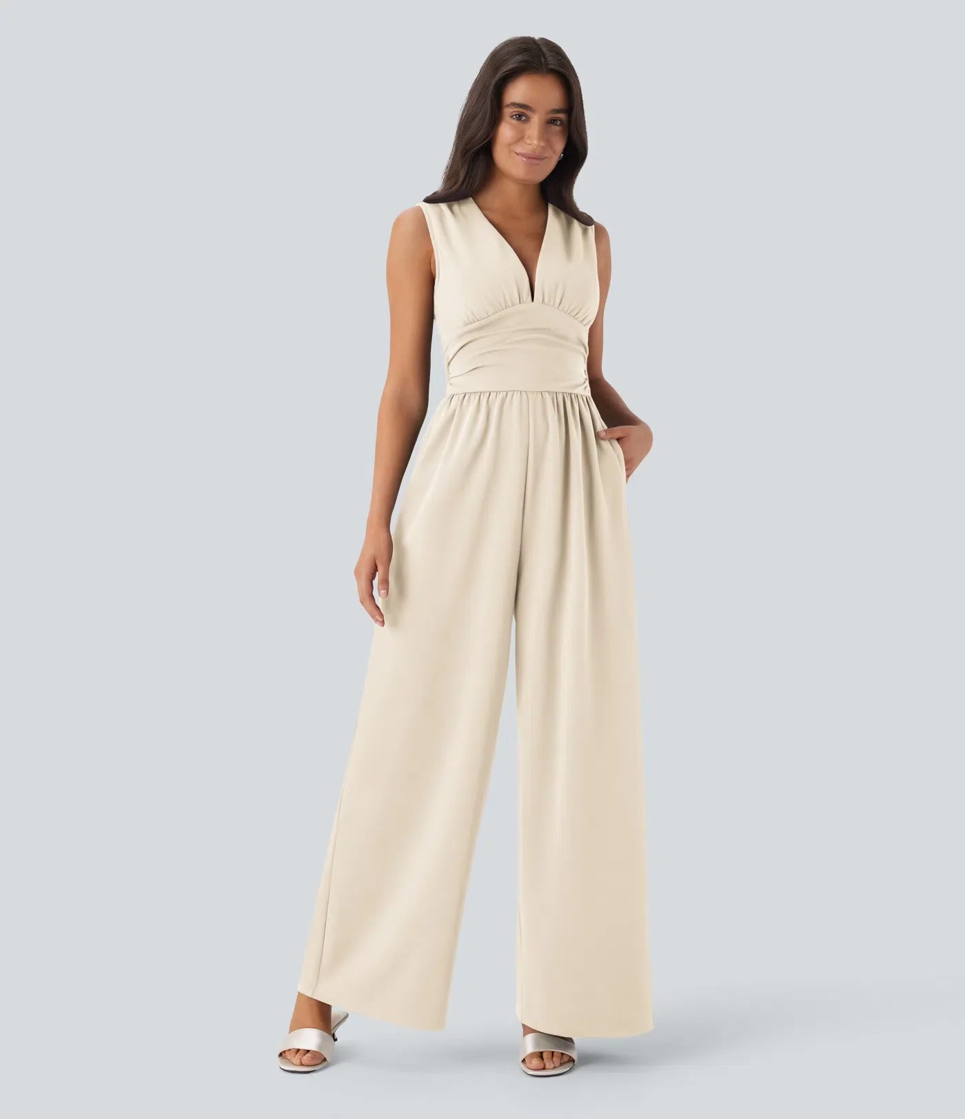 ColaSuit™ - Jumpsuit da festa senza maniche con scollo a V, tasche laterali e zip invisibile - Easy Peezy