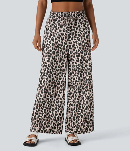 ColaComfort™ - Pantaloni casual con vita alta, tasche laterali, coulisse e stampa leopardata